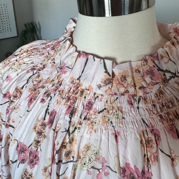 J. Crew Smocked Neck Puff-Sleeve Cotton Dress Pink Peach Cherry Blossoms LG NWT - Picture 6 of 14